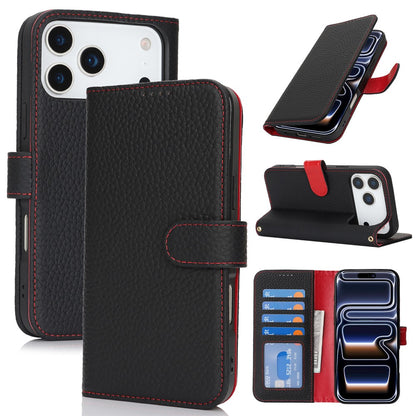 For iPhone 17 Pro Stand Case Litchi Texture Genuine Cow Leather Wallet Phone Cover RFID Blocking