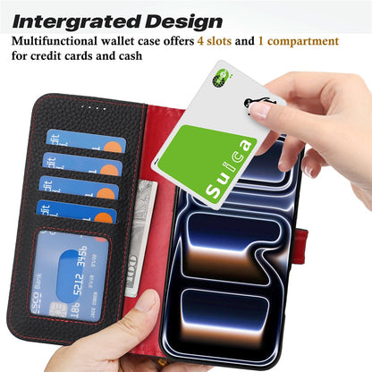 For iPhone 17 Pro Stand Case Litchi Texture Genuine Cow Leather Wallet Phone Cover RFID Blocking