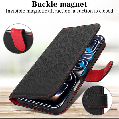 For iPhone 17 Pro Stand Case Litchi Texture Genuine Cow Leather Wallet Phone Cover RFID Blocking