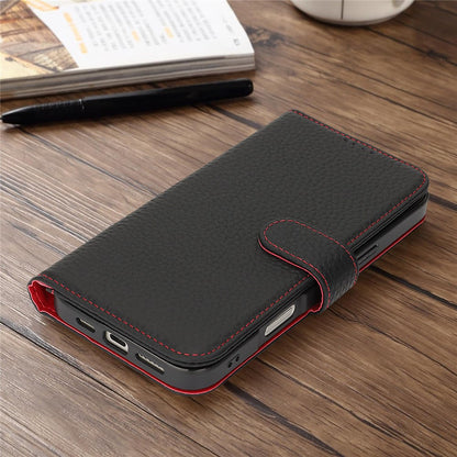 For iPhone 17 Pro Stand Case Litchi Texture Genuine Cow Leather Wallet Phone Cover RFID Blocking
