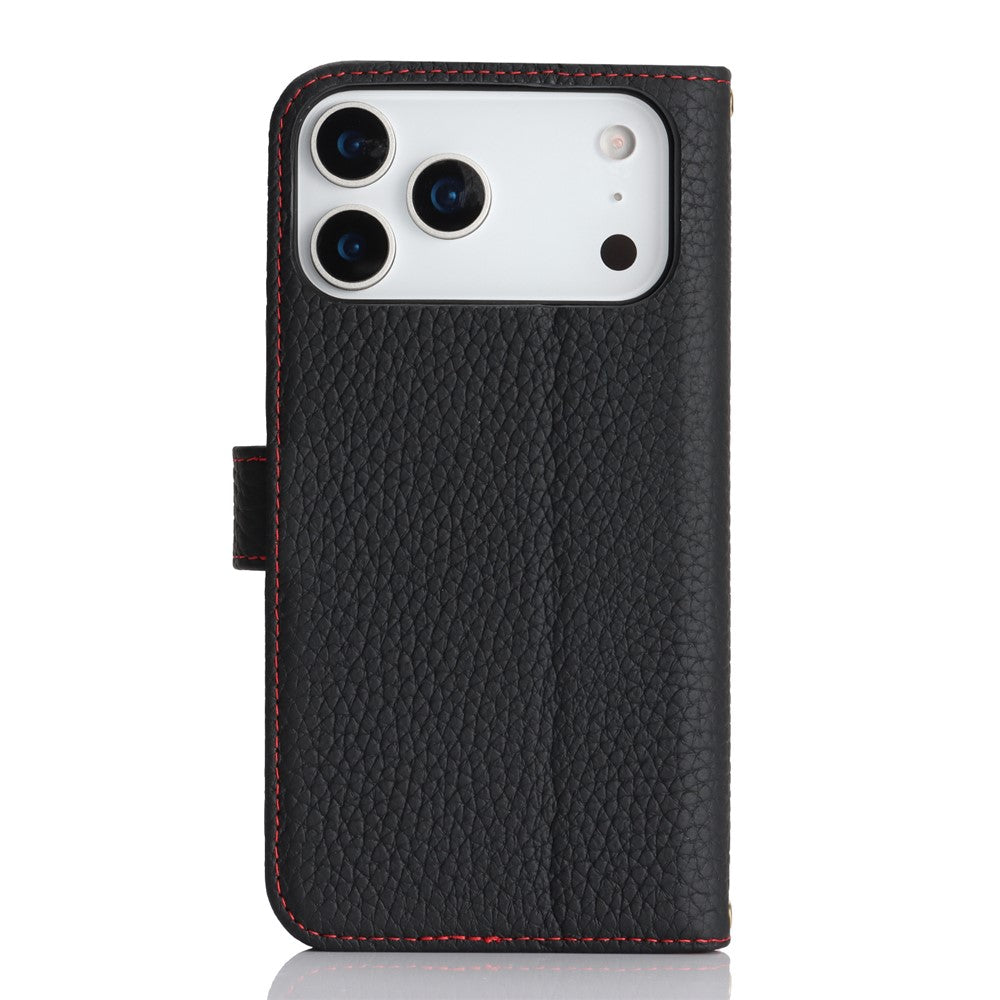 For iPhone 17 Pro Stand Case Litchi Texture Genuine Cow Leather Wallet Phone Cover RFID Blocking