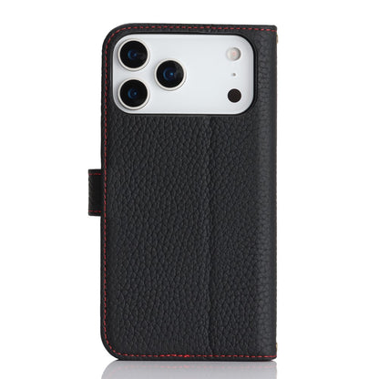 For iPhone 17 Pro Stand Case Litchi Texture Genuine Cow Leather Wallet Phone Cover RFID Blocking