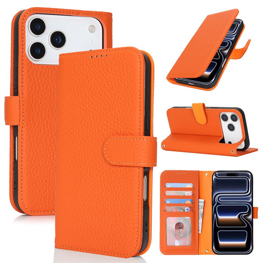 For iPhone 17 Pro Stand Case Litchi Texture Genuine Cow Leather Wallet Phone Cover RFID Blocking