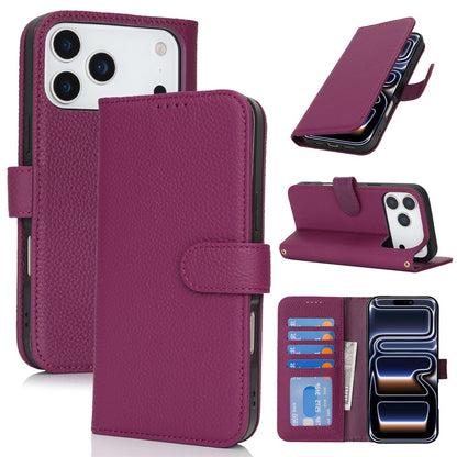 For iPhone 17 Pro Stand Case Litchi Texture Genuine Cow Leather Wallet Phone Cover RFID Blocking