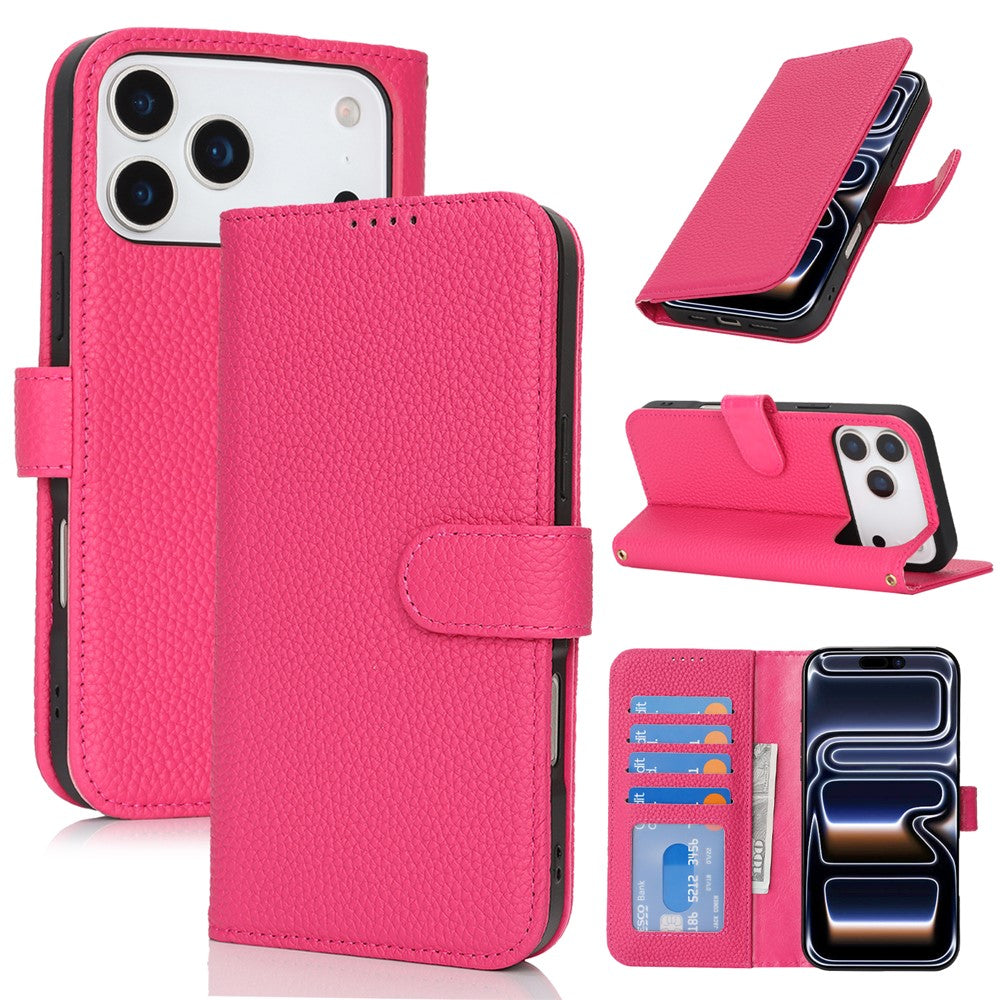 For iPhone 17 Pro Stand Case Litchi Texture Genuine Cow Leather Wallet Phone Cover RFID Blocking