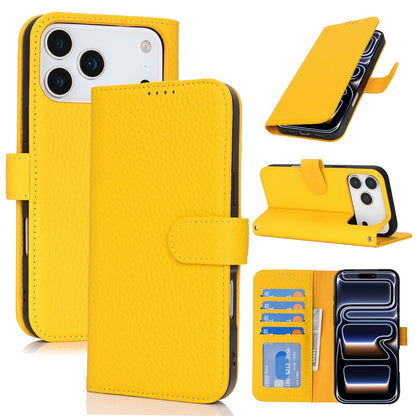 For iPhone 17 Pro Stand Case Litchi Texture Genuine Cow Leather Wallet Phone Cover RFID Blocking