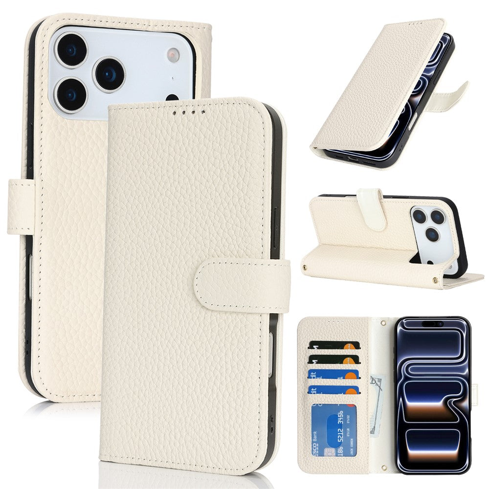 For iPhone 17 Pro Stand Case Litchi Texture Genuine Cow Leather Wallet Phone Cover RFID Blocking