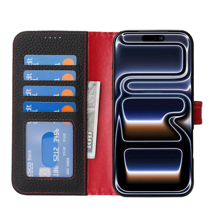 For iPhone 17 Pro Max Stand Case Litchi Texture Genuine Cow Leather Wallet Phone Cover RFID Blocking