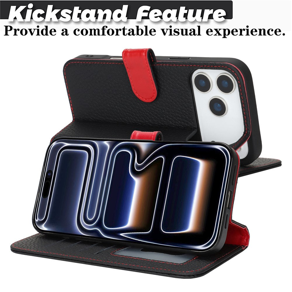 For iPhone 17 Pro Max Stand Case Litchi Texture Genuine Cow Leather Wallet Phone Cover RFID Blocking