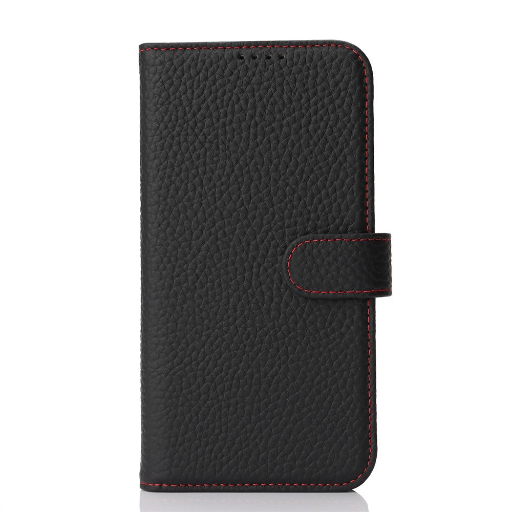 For iPhone 17 Pro Max Stand Case Litchi Texture Genuine Cow Leather Wallet Phone Cover RFID Blocking
