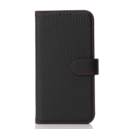 For iPhone 17 Pro Max Stand Case Litchi Texture Genuine Cow Leather Wallet Phone Cover RFID Blocking