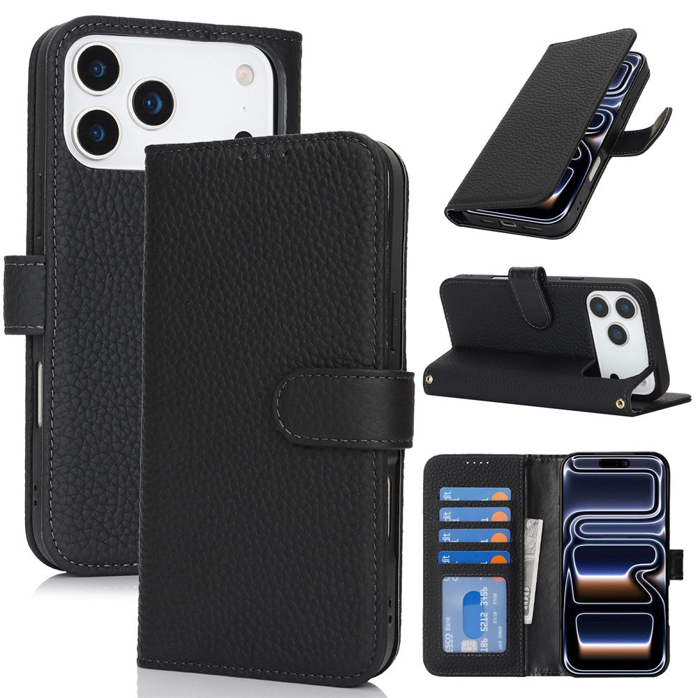 For iPhone 17 Pro Max Stand Case Litchi Texture Genuine Cow Leather Wallet Phone Cover RFID Blocking