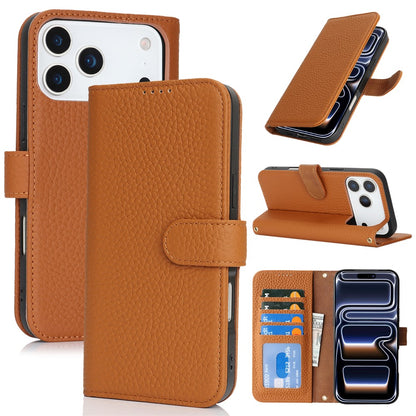 For iPhone 17 Pro Max Stand Case Litchi Texture Genuine Cow Leather Wallet Phone Cover RFID Blocking