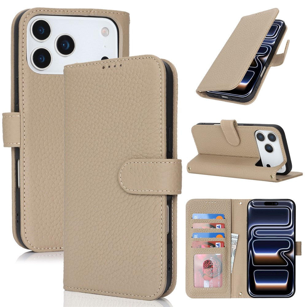 For iPhone 17 Pro Max Stand Case Litchi Texture Genuine Cow Leather Wallet Phone Cover RFID Blocking