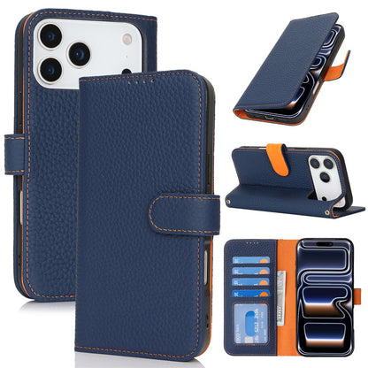 For iPhone 17 Pro Max Stand Case Litchi Texture Genuine Cow Leather Wallet Phone Cover RFID Blocking
