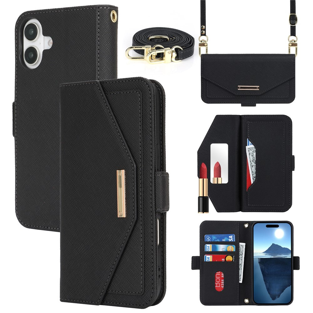 For iPhone 17 Stand Case Cross Texture PU Leather Wallet Phone Cover with Shoulder Strap  /  Makeup Mirror