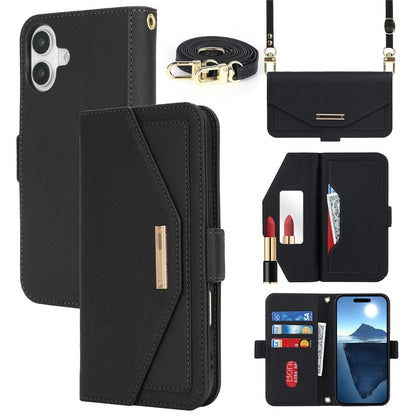 For iPhone 17 Stand Case Cross Texture PU Leather Wallet Phone Cover with Shoulder Strap  /  Makeup Mirror