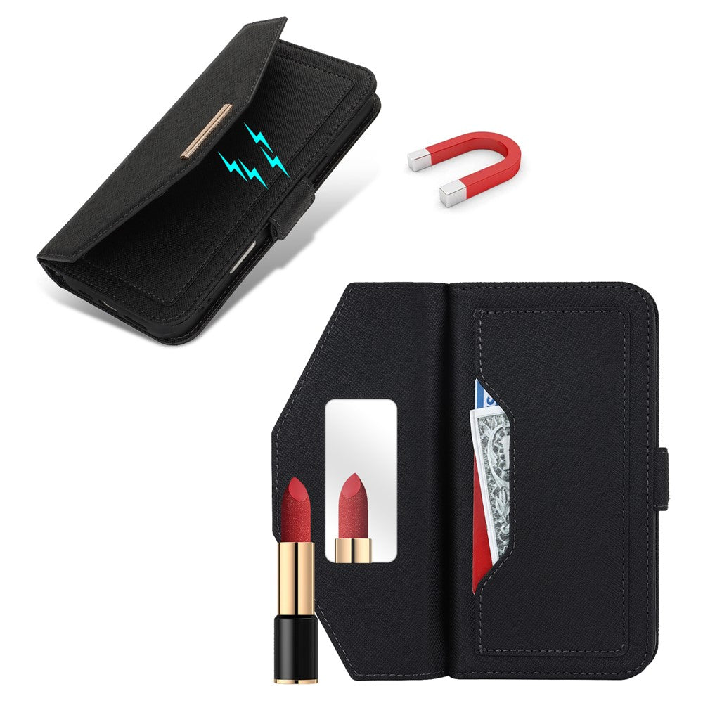 For iPhone 17 Stand Case Cross Texture PU Leather Wallet Phone Cover with Shoulder Strap  /  Makeup Mirror