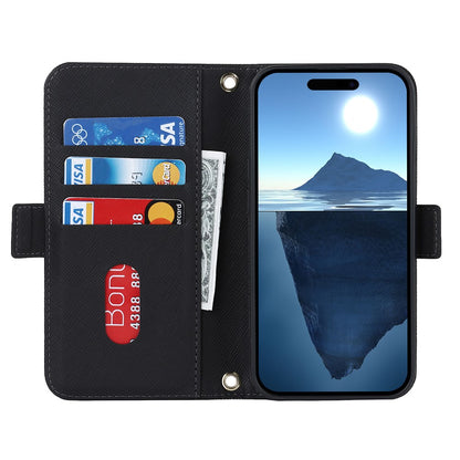 For iPhone 17 Stand Case Cross Texture PU Leather Wallet Phone Cover with Shoulder Strap  /  Makeup Mirror