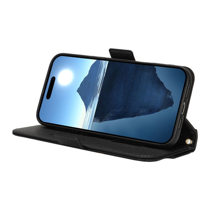 For iPhone 17 Stand Case Cross Texture PU Leather Wallet Phone Cover with Shoulder Strap  /  Makeup Mirror