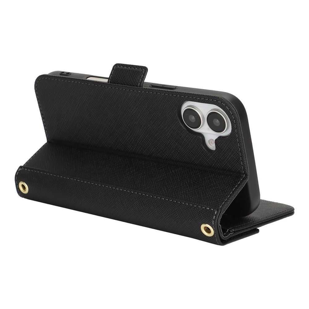 For iPhone 17 Stand Case Cross Texture PU Leather Wallet Phone Cover with Shoulder Strap  /  Makeup Mirror
