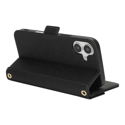For iPhone 17 Stand Case Cross Texture PU Leather Wallet Phone Cover with Shoulder Strap  /  Makeup Mirror