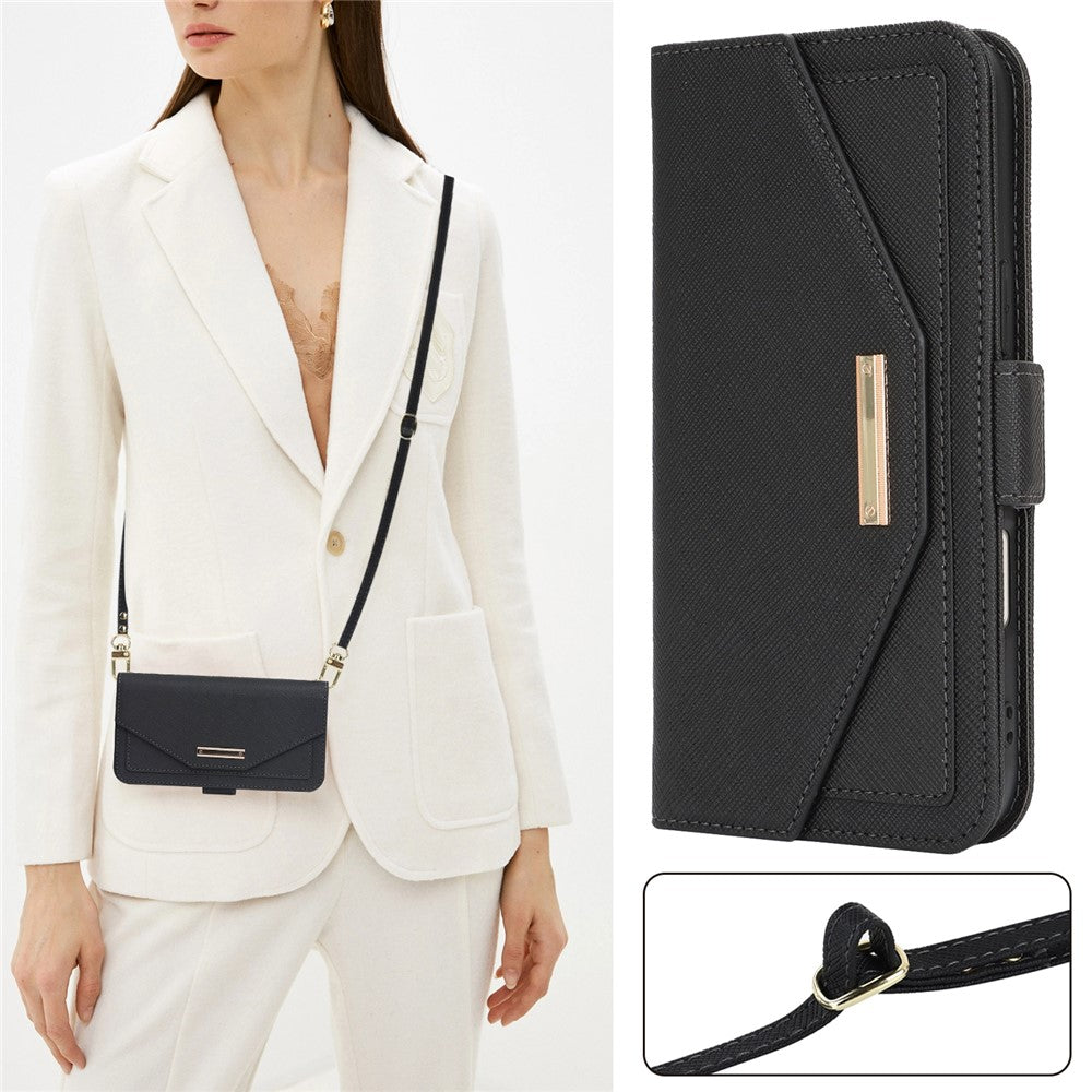 For iPhone 17 Stand Case Cross Texture PU Leather Wallet Phone Cover with Shoulder Strap  /  Makeup Mirror