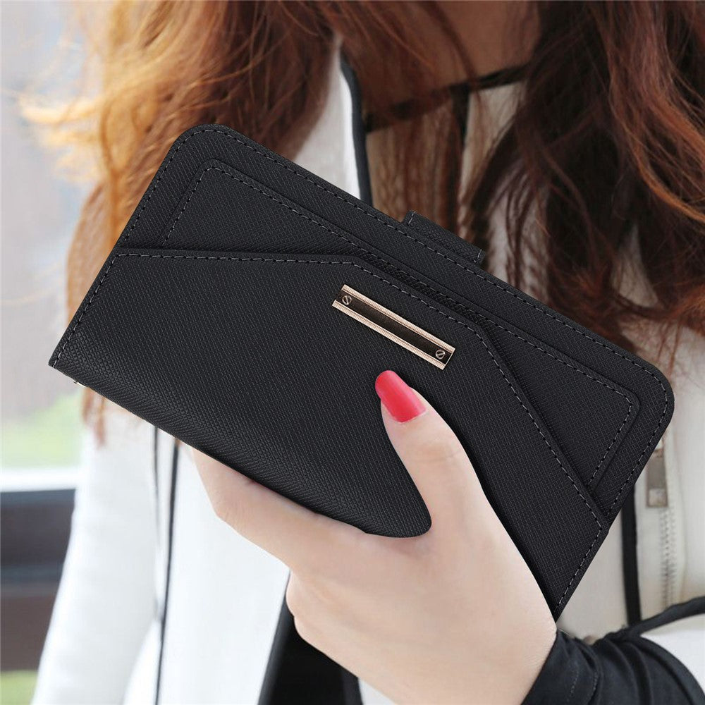 For iPhone 17 Stand Case Cross Texture PU Leather Wallet Phone Cover with Shoulder Strap  /  Makeup Mirror