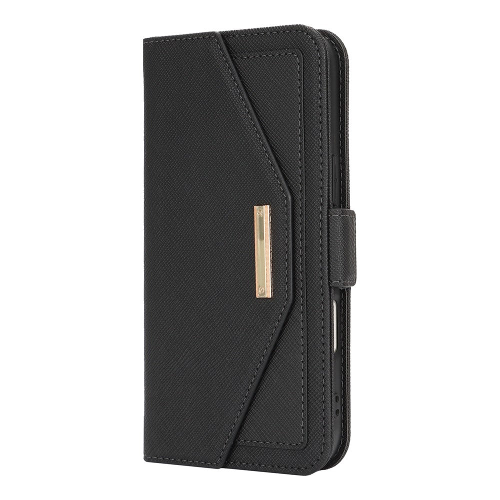 For iPhone 17 Stand Case Cross Texture PU Leather Wallet Phone Cover with Shoulder Strap  /  Makeup Mirror