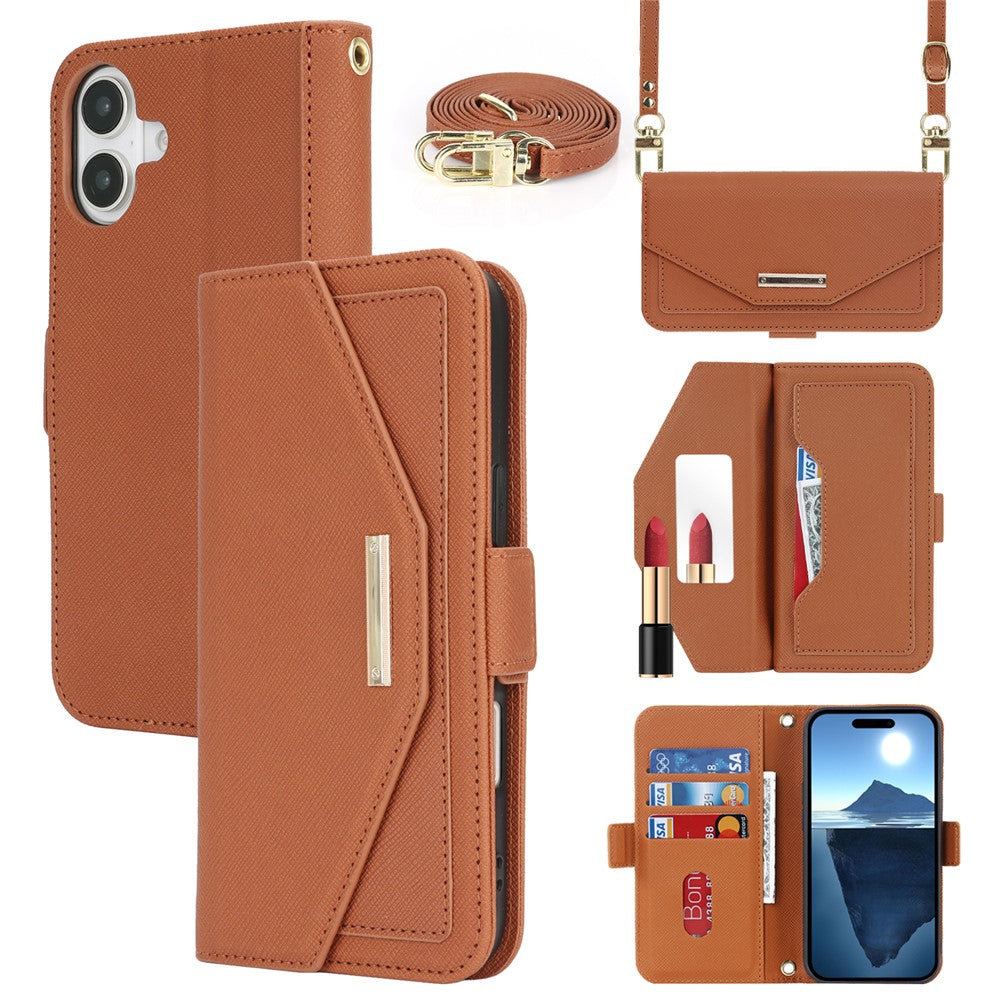 For iPhone 17 Stand Case Cross Texture PU Leather Wallet Phone Cover with Shoulder Strap  /  Makeup Mirror