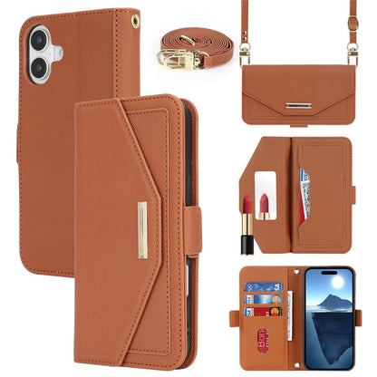 For iPhone 17 Stand Case Cross Texture PU Leather Wallet Phone Cover with Shoulder Strap  /  Makeup Mirror