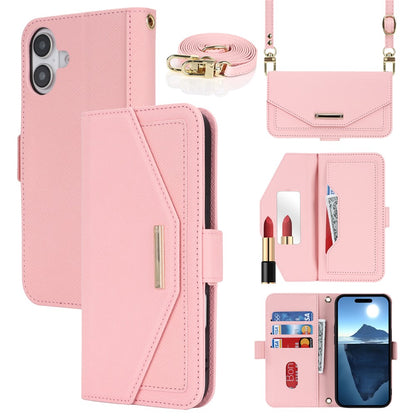 For iPhone 17 Stand Case Cross Texture PU Leather Wallet Phone Cover with Shoulder Strap  /  Makeup Mirror