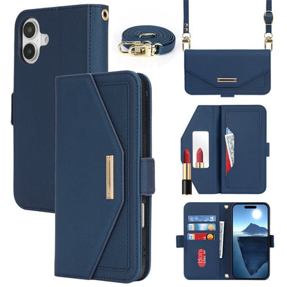 For iPhone 17 Stand Case Cross Texture PU Leather Wallet Phone Cover with Shoulder Strap  /  Makeup Mirror