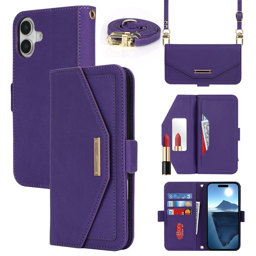 For iPhone 17 Stand Case Cross Texture PU Leather Wallet Phone Cover with Shoulder Strap  /  Makeup Mirror