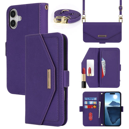 For iPhone 17 Stand Case Cross Texture PU Leather Wallet Phone Cover with Shoulder Strap  /  Makeup Mirror