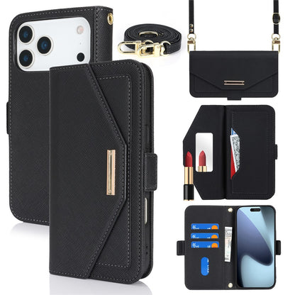 For iPhone 18 Pro / 17 Pro Stand Case Cross Texture PU Leather Wallet Phone Cover with Shoulder Strap  /  Makeup Mirror