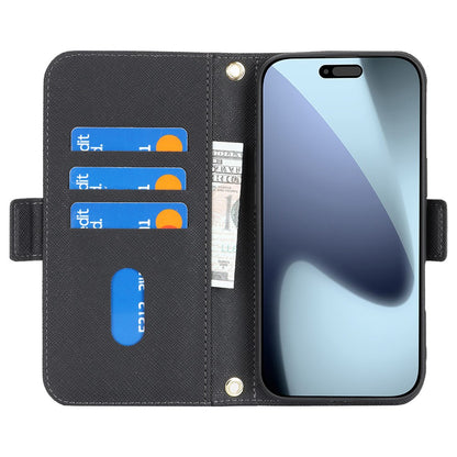 For iPhone 18 Pro / 17 Pro Stand Case Cross Texture PU Leather Wallet Phone Cover with Shoulder Strap  /  Makeup Mirror
