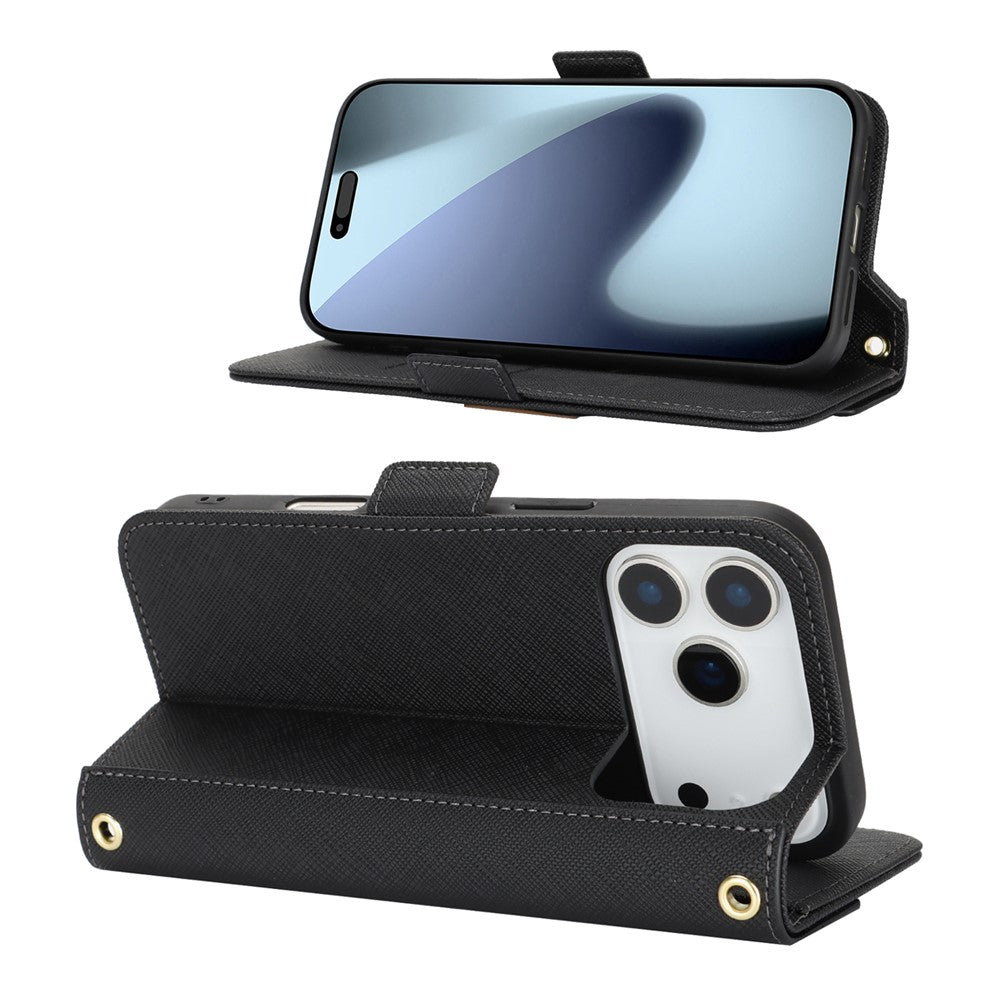 For iPhone 18 Pro / 17 Pro Stand Case Cross Texture PU Leather Wallet Phone Cover with Shoulder Strap  /  Makeup Mirror
