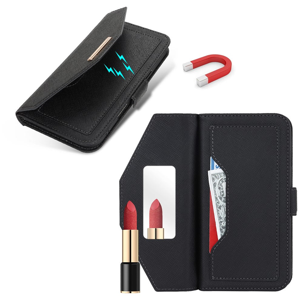 For iPhone 18 Pro / 17 Pro Stand Case Cross Texture PU Leather Wallet Phone Cover with Shoulder Strap  /  Makeup Mirror