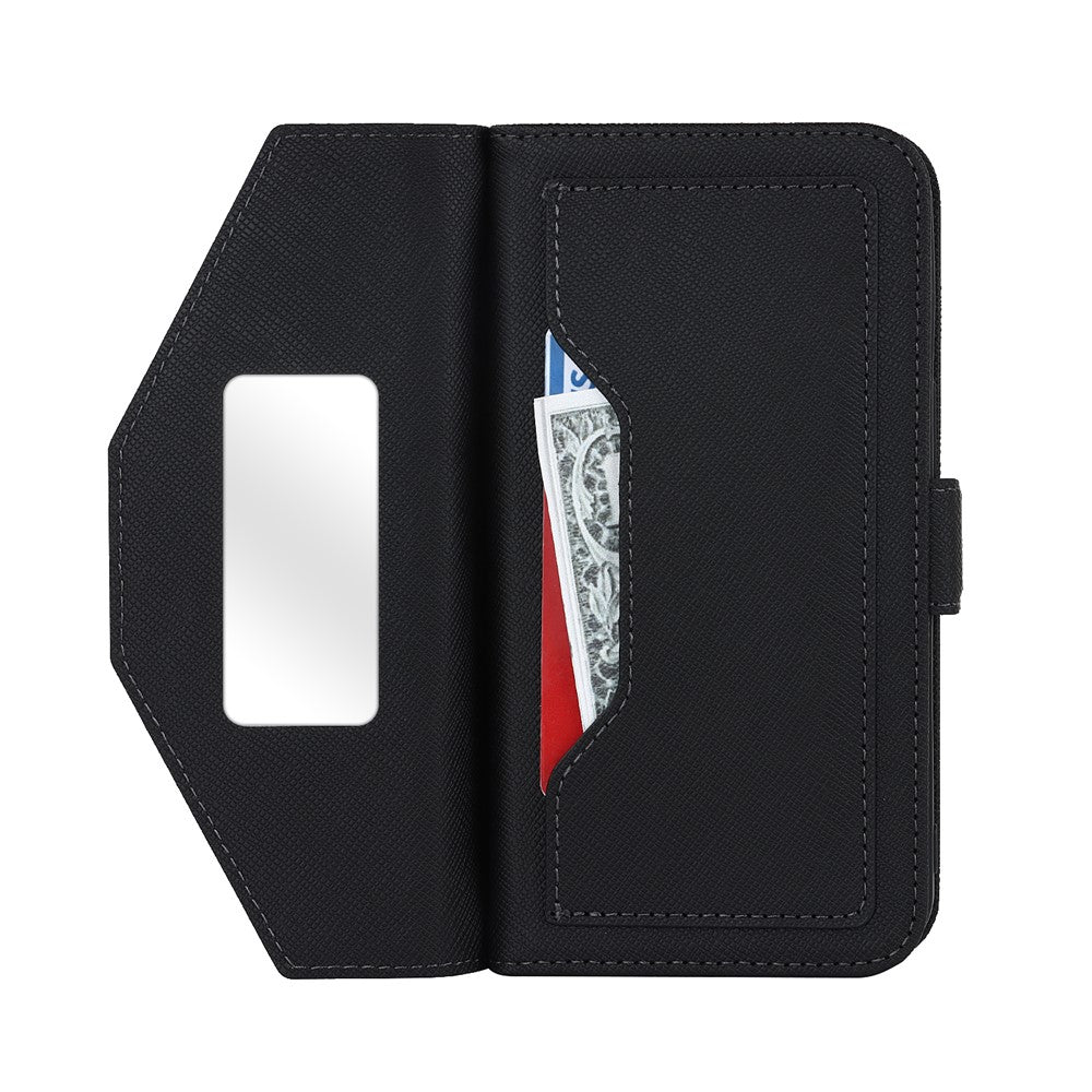 For iPhone 18 Pro / 17 Pro Stand Case Cross Texture PU Leather Wallet Phone Cover with Shoulder Strap  /  Makeup Mirror