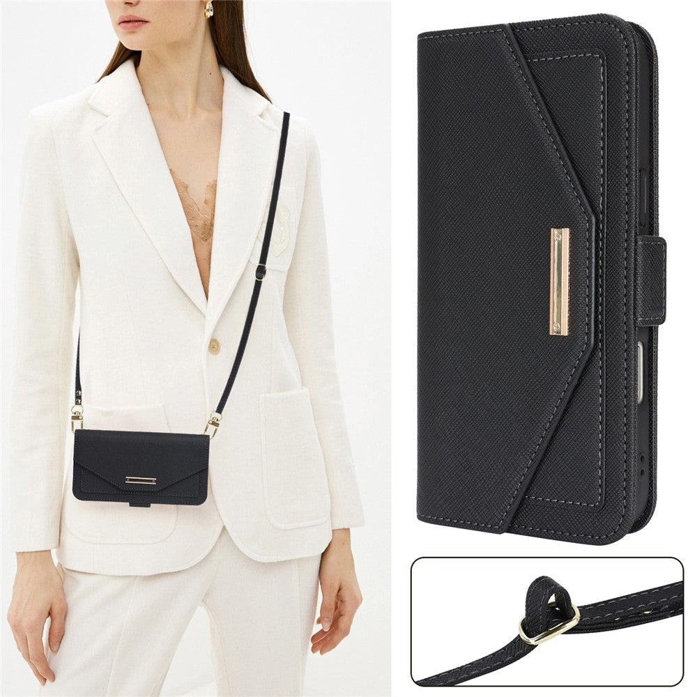 For iPhone 18 Pro / 17 Pro Stand Case Cross Texture PU Leather Wallet Phone Cover with Shoulder Strap  /  Makeup Mirror