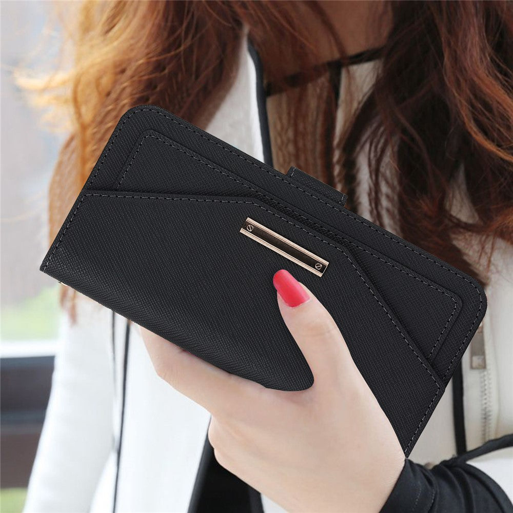 For iPhone 18 Pro / 17 Pro Stand Case Cross Texture PU Leather Wallet Phone Cover with Shoulder Strap  /  Makeup Mirror