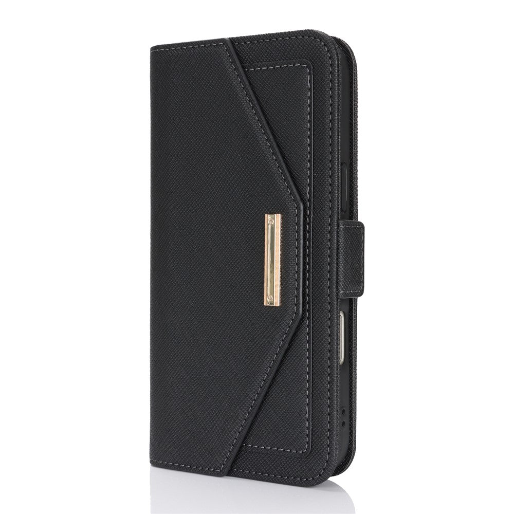 For iPhone 18 Pro / 17 Pro Stand Case Cross Texture PU Leather Wallet Phone Cover with Shoulder Strap  /  Makeup Mirror