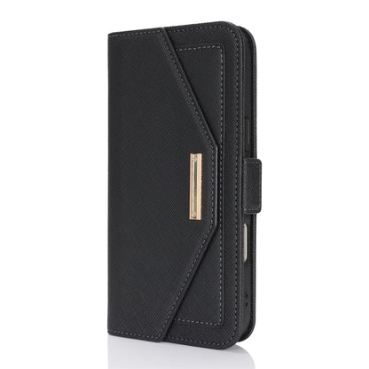 For iPhone 18 Pro / 17 Pro Stand Case Cross Texture PU Leather Wallet Phone Cover with Shoulder Strap  /  Makeup Mirror