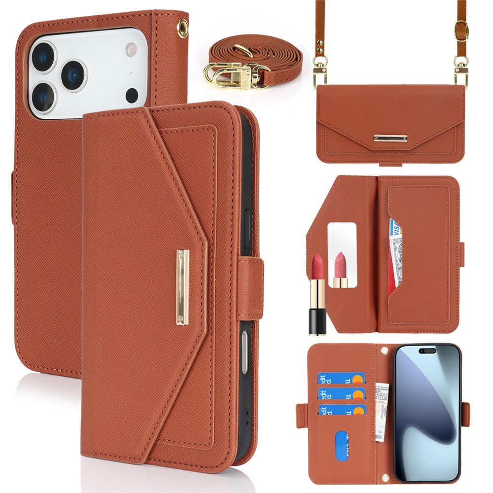 For iPhone 18 Pro / 17 Pro Stand Case Cross Texture PU Leather Wallet Phone Cover with Shoulder Strap  /  Makeup Mirror
