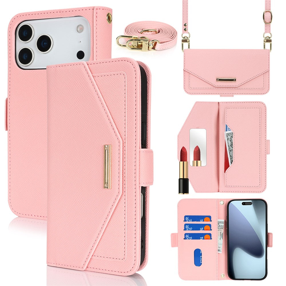 For iPhone 18 Pro / 17 Pro Stand Case Cross Texture PU Leather Wallet Phone Cover with Shoulder Strap  /  Makeup Mirror