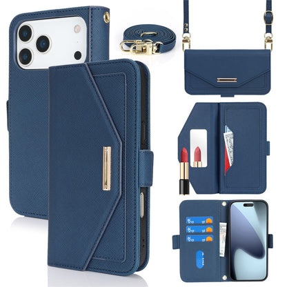 For iPhone 18 Pro / 17 Pro Stand Case Cross Texture PU Leather Wallet Phone Cover with Shoulder Strap  /  Makeup Mirror