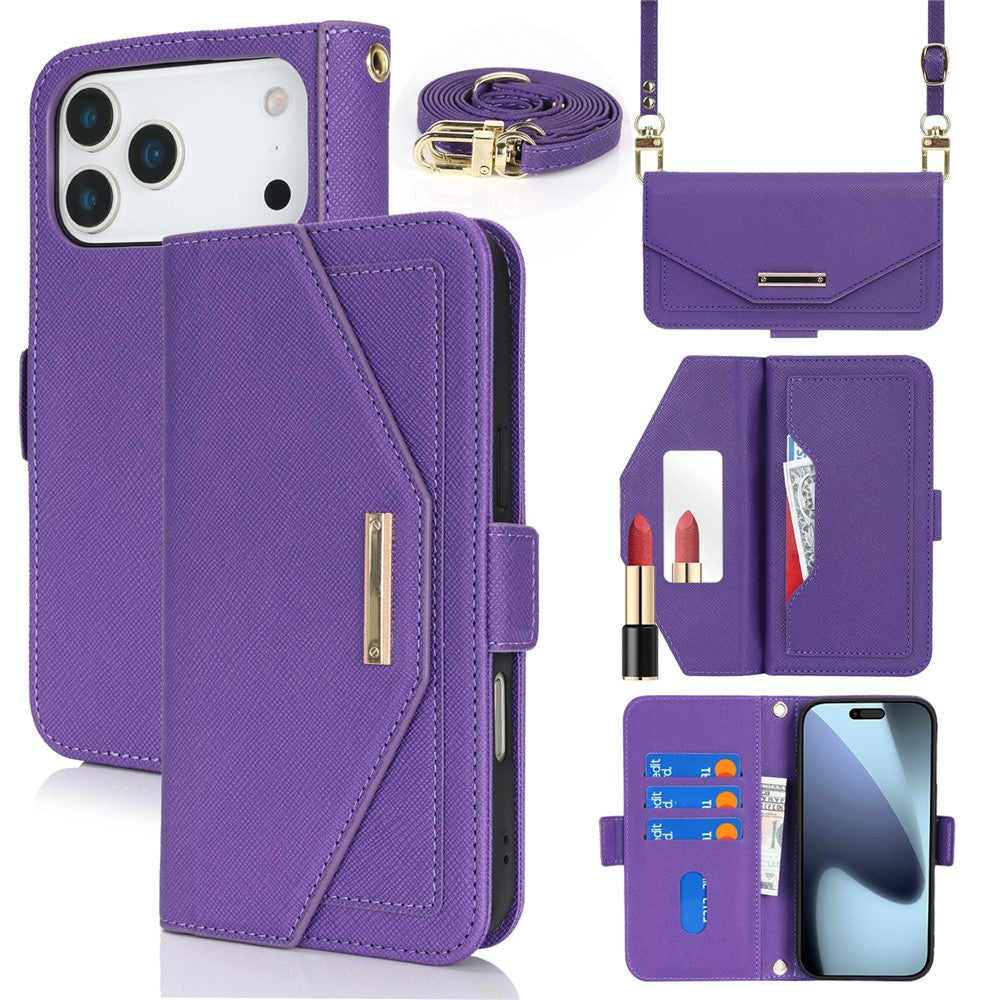 For iPhone 18 Pro / 17 Pro Stand Case Cross Texture PU Leather Wallet Phone Cover with Shoulder Strap  /  Makeup Mirror