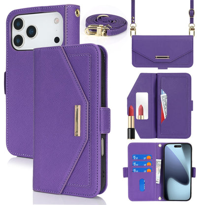 For iPhone 18 Pro / 17 Pro Stand Case Cross Texture PU Leather Wallet Phone Cover with Shoulder Strap  /  Makeup Mirror