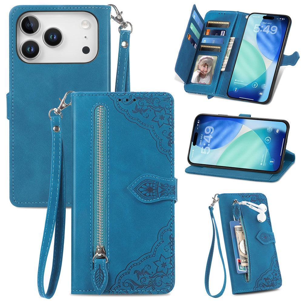 For iPhone 17 Pro Max Zipper Wallet Case with Strap Flower Imprint PU Leather Phone Cover